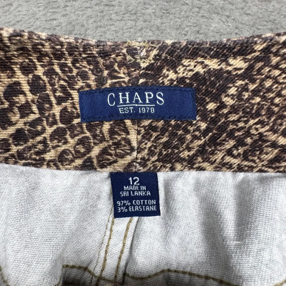 Chaps Mini Skirt Women 12 Brown Snakeskin Print Stretch Cotton EUC 5 Pocket